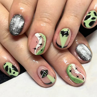 24pcs Halloween Press On Nails Medium Oval Glossy Green False Nails Black Dog UFO Design Glitter Silver Fake Nail Patches
