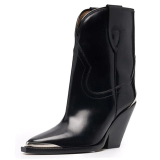 Arden Furtado 2025 Microfiber Metal Pointed toe Western boots Slip-on High-heeled Silver snake pattern Modern boots Short boots