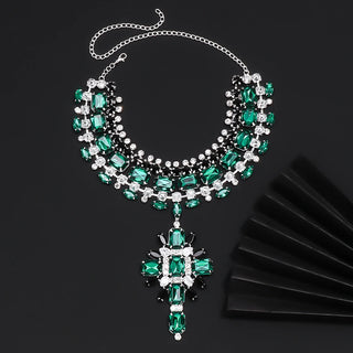 Cross Pendant Choker Green Crystal Rhinestone Necklace Earrings Set Piercing