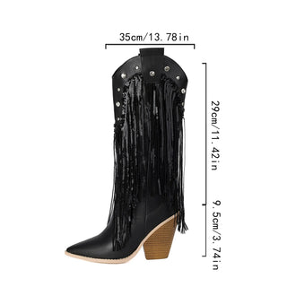 Fring Cowboy Boots Pointed Rivets Tassel High Wide Calf Over The Knee Boots Western Boots Chunky High Heels