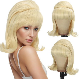 Synthetic  A 14-inch black vintage period women's short straight wig with flat bangs is perfect for everyday holiday parties