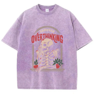 Skeleton Washed T-Shirts Cotton Halloween Printing Tops Oversize O-Neck Soft Short Sleeve Clothes