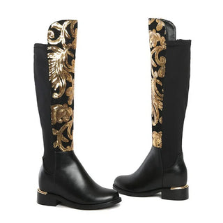 Leather Equestrian sequin zipper plush inner heightening long boots square high-heeled daily dress large-size women boots