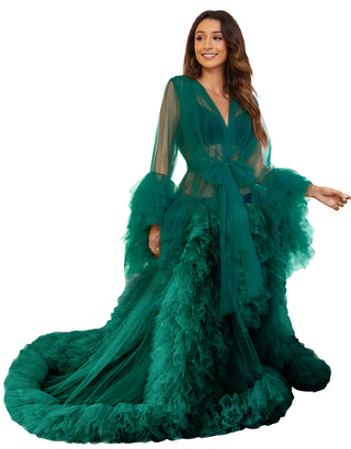 Custom luxury Dressing Gown Perspective Sheer Open Front Ruffle Tulle Long Puffy Robe old Hollywood Nightgown Dress