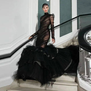 Custom Fashion Gown See Through Lush Ruffle Women Dresses Trumpet Layered Party Gowns Sleeve Halloween vampire queen