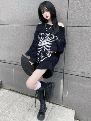 Goth Skull Print Skeleton Sweater Tops Black Pullover