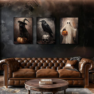 Retro Victorian Animal Crow Witch Ghost Canvas Print Dark Pumpkin Skull Halloween Wall Art Poster for Living Room & Gothic Decor