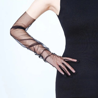 Sheer Ultra Tulle Gloves Mesh Full Finger Elbow Long Gloves Vintage Sunscreen Gloves Wedding Bride Dress Mittens