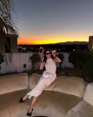 Blifanbo Pleated Elegant O Neck Maxi Dress For Women Off-shoulder Fashion Slim Fit Sleeveless Patchwork Sexy Club Party Dress