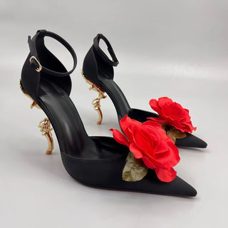 Large Red Flower Women’s Pumps Metal Tortuous Strange high Heels Black Leather Pointed Toe Sandals Woman Wedding Party New Shoes
