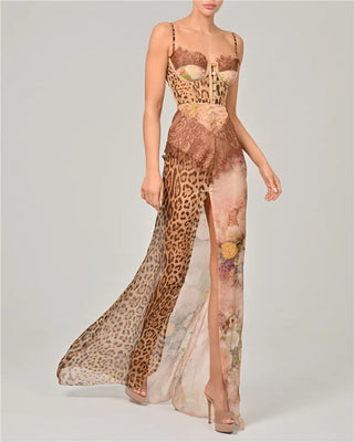Leopard Print Lace Split Maxi Dress Women Gown Elegant Patchwork Chiffon Backless Beach Dress