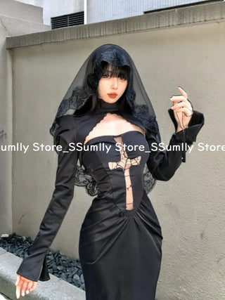 Dress black Women Gothic Cut Out Cross Hip Dress Fashion Black Long Sleeve 2 Piece Set