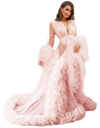 Custom luxury Dressing Gown Perspective Sheer Open Front Ruffle Tulle Long Puffy Robe old Hollywood Nightgown Dress