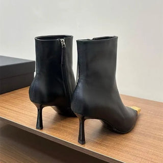 Gold Tip Metal Square toe Leather Ankle Boots Elegant heels Chelsea Short Boots Shoes