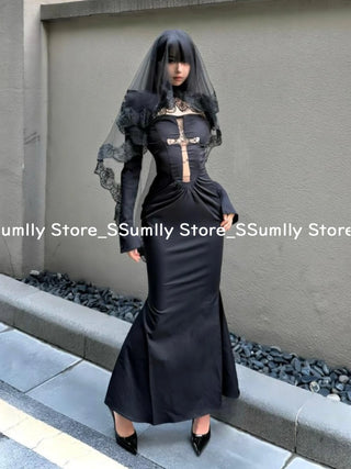 Dress black Women Gothic Cut Out Cross Hip Dress Fashion Black Long Sleeve 2 Piece Set