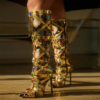 Medieval Style Runway Gemstone Crystal Stilettos Heels Women Knee-High Boots Zip Sexy Pointed Toe Stripper Botas De Mujer