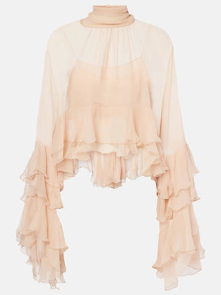 Whimsical Loose Sheer Blouse High Neck Long Sleeves Patchwork Ruffles Folds Elegant