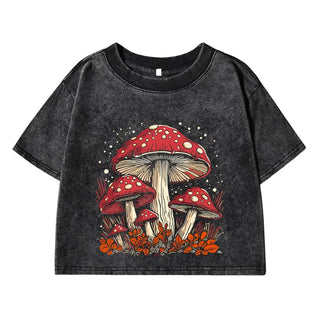 Women's Cotton Crop Tops Trend O-Neck Distressed Washed T-Shirts Red Mushroom Personality Graphic Printed Tees Street Clothes