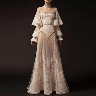 Custom medieval High Neck Formal halloween Dress Long Sleeves With Ruffles Lace Appliques Wedding Party Evening Gowns Custom Made Vestidos De Gala
