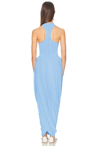 Blifanbo Pleated Elegant O Neck Maxi Dress For Women Off-shoulder Fashion Slim Fit Sleeveless Patchwork Sexy Club Party Dress