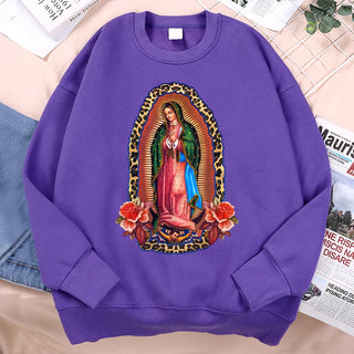 Señora De Guadalupe Sweatshirts Loose Hoodie Cartoon Fleece Hoody Clothing Casual O-Neck Hoodie Pullover