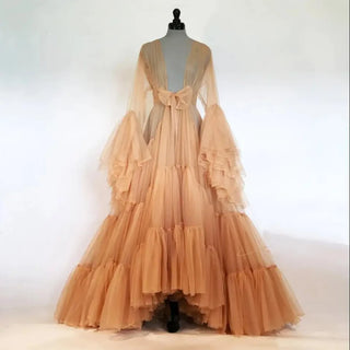 Custom Fantasy Bridal Boudoir Gown Tulle Illusion Trumpet Sleeves Long Suit Custom Bathrobe custom size