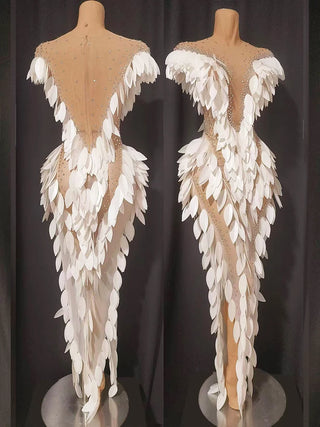 Sparkly rhinestone 3D White Sequin Feather Dress