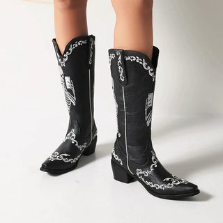 Skeleton Embroidered cowboy Mid Boots Pointed Toe Chunky Heel Plush Embroidered Slip-On Boots