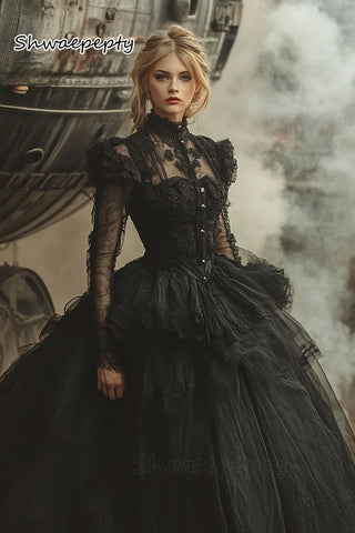 Vintage Black Wedding Dresses Long Sleeves High Neck Gothic Bridal Gown Lace Appliques Tiered Vestido De Novia Customized