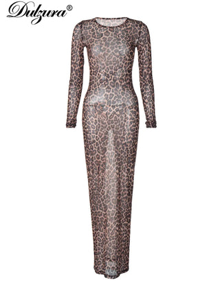 Elegant Maxi Dress Printed Leopard Long Sleeve Dresses Women Clothes Circus Party Club Streetwear Holiday