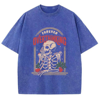 Skeleton Washed T-Shirts Cotton Halloween Printing Tops Oversize O-Neck Soft Short Sleeve Clothes