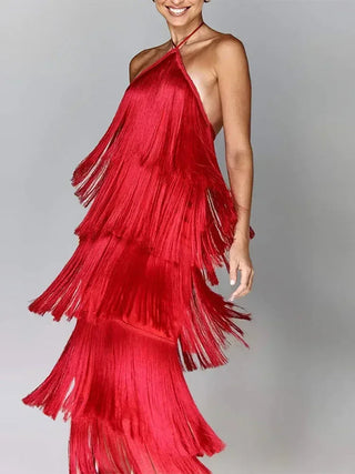 Elegant Backless Sleeveless Layered Slim Dresses Fring Metallic Color Tassel Halter Lace Up Dress