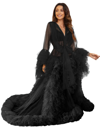Custom luxury Dressing Gown Perspective Sheer Open Front Ruffle Tulle Long Puffy Robe old Hollywood Nightgown Dress