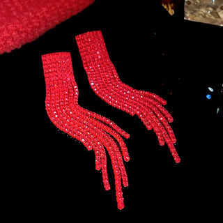 Long Red Tassel Earrings for Women Creative High Sense Light Luxury Solid Red Drop Earring Inlaid Rhinestone Jewelry d