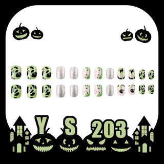 24pcs Halloween Press On Nails Medium Oval Glossy Green False Nails Black Dog UFO Design Glitter Silver Fake Nail Patches