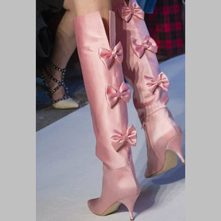 Satin Bow Knee Boots Catwalk Kitten Heel Pointed Pink Green Blue Solid Color Boots Daily Footwear Large Size 34-43