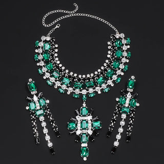 Cross Pendant Choker Green Crystal Rhinestone Necklace Earrings Set Piercing