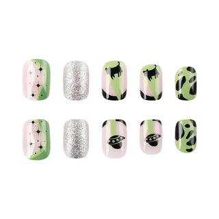24pcs Halloween Press On Nails Medium Oval Glossy Green False Nails Black Dog UFO Design Glitter Silver Fake Nail Patches