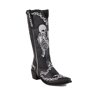Skeleton Embroidered cowboy Mid Boots Pointed Toe Chunky Heel Plush Embroidered Slip-On Boots