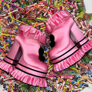 White Satin Cake Platfom Clown Ruffle Tassel Skirt Heels Fuchsia Silk Pom Round Chunky Pump Girl IT Shoes