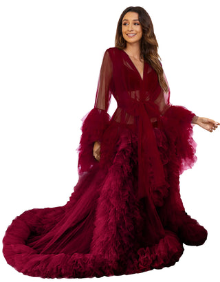 Custom luxury Dressing Gown Perspective Sheer Open Front Ruffle Tulle Long Puffy Robe old Hollywood Nightgown Dress