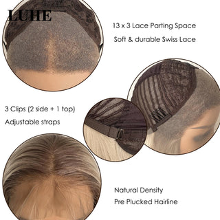 16Inch Natural Wavy Lace Front Wigs for Women Ombre Platinum Blonde Highlights Synthetic Hair Wig Wave 13x3 Lace Frontal Wig