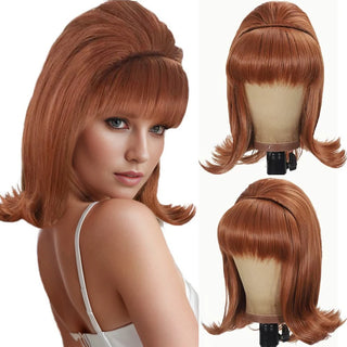 Synthetic  A 14-inch black vintage period women's short straight wig with flat bangs is perfect for everyday holiday parties