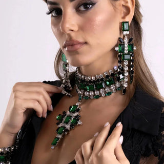 Cross Pendant Choker Green Crystal Rhinestone Necklace Earrings Set Piercing