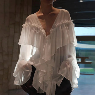 Chiffon Ruffle Shirts White Loose V-neck Lantern Sleeve See Through Blouses Spring Summer renaissance  Commute Outwears