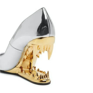 New Pointed Shallow Mouth Metal Fabric Tiger Teeth Slope Heels