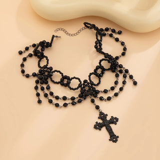 Gothic Multilayer Black Crystal Beads Chain Choker Necklace Vintage Big Cross Pendant Necklace Halloween Jewelry