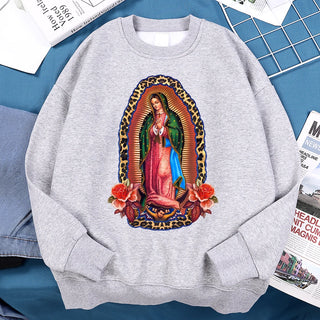 Señora De Guadalupe Sweatshirts Loose Hoodie Cartoon Fleece Hoody Clothing Casual O-Neck Hoodie Pullover