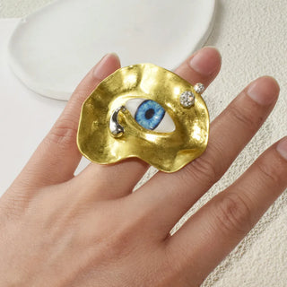 New Exaggerated Baroque Style Metal Plated Blue Eyes Open Ring Fashion Jewelry Accessories