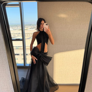 Custom Made Halter Women Dresses Mermaid Sexy Party Dress Tulle Black Off Shoulder Long Prom Gowns Bow Ruched Unique Designs